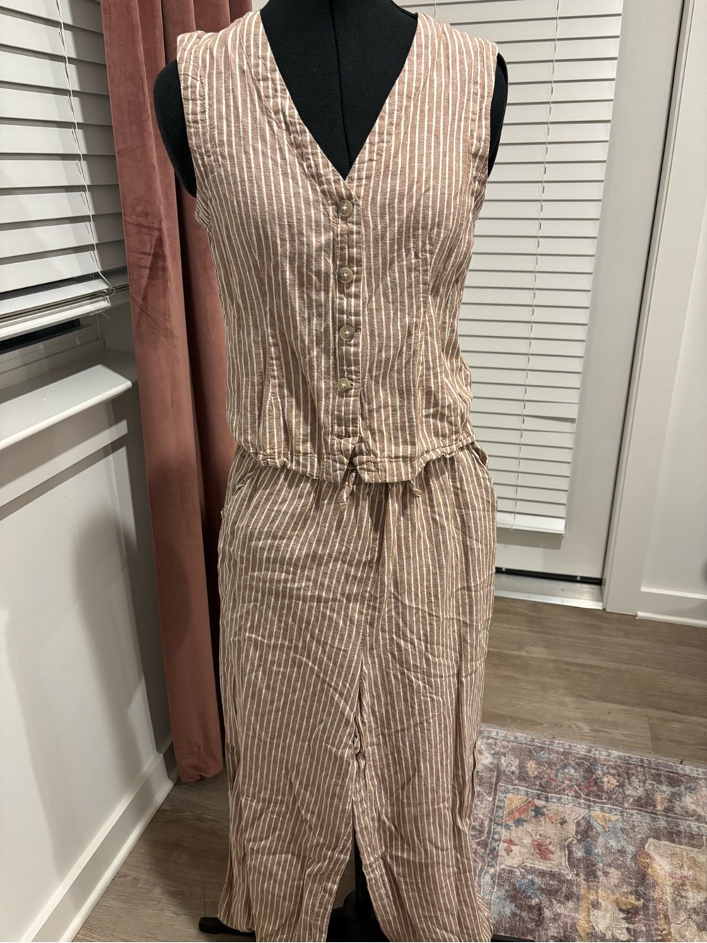 Sleeveless Striped Linen-Blend Jumpsuit in Tan